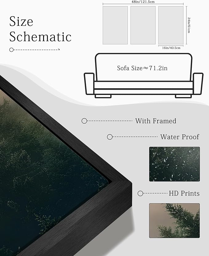 KUVIOKE Sun Dawn Fog Pine Tree Framed Wall Art Morden Nature Nordic Forests Artwork Home Decor 16x24in (Black Framed)