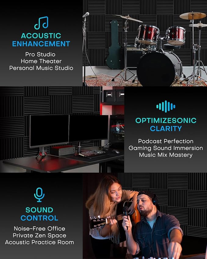 48 Pack Sound Proof Foam Panels for Walls with Self Adhesive, 12x12x1 Acoustic Foam Panels, High Density Acoustic Panels Sound Absorbing, Fire Resistant Studio Sound Proofing Black White