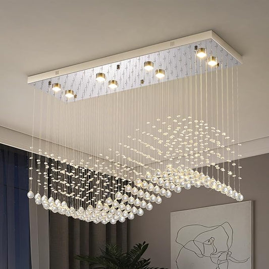Modern Rectangle Crystal Raindrop Chandelier: 39.4" Chrome Dimmable 3 Color Led Chandeliers with Remote - Contemporary Wave Flush Mount Ceiling Light for Kitchen Island Dining Room Living Room Foyer