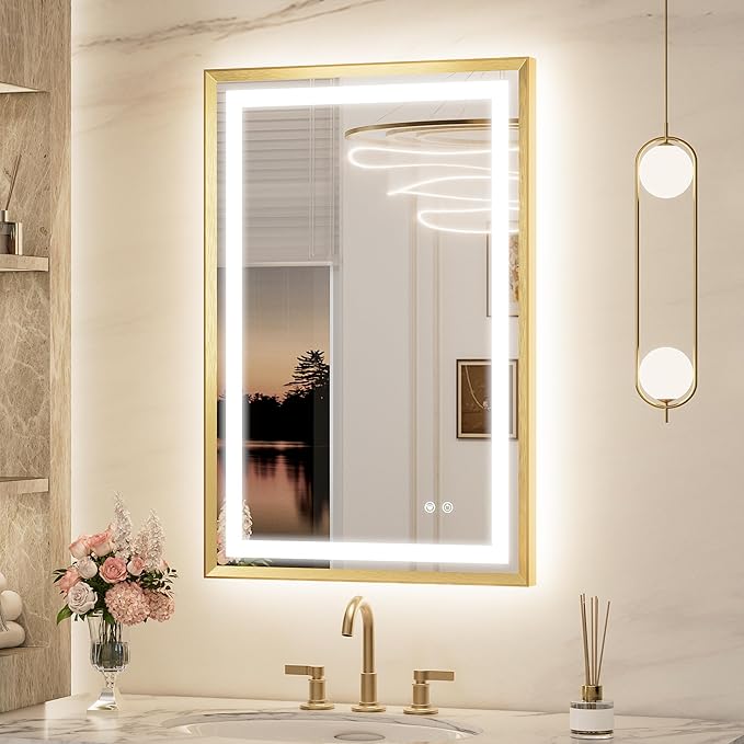 Keonjinn 24 x 36 Inch Lighted Bathroom Mirror with Frontlit & Backlit, Gold LED Mirror for Bathroom, Tempered Glass, UL Listed LED Driver, Aluminium Beveled Frame, 3 Color Lights, Anti-Fog, Dimmable