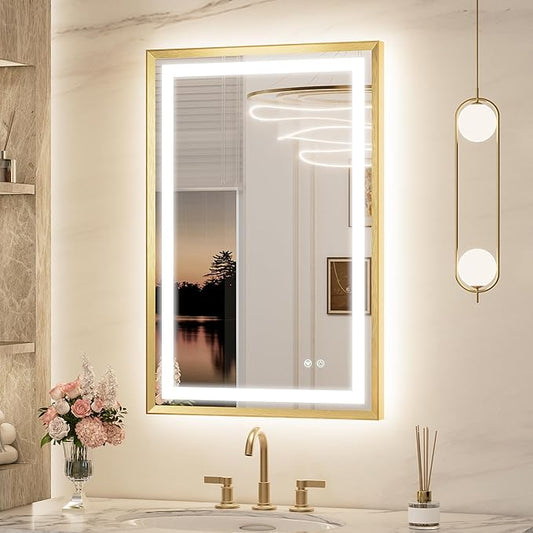 Keonjinn 24 x 36 Inch Lighted Bathroom Mirror with Frontlit & Backlit, Gold LED Mirror for Bathroom, Tempered Glass, UL Listed LED Driver, Aluminium Beveled Frame, 3 Color Lights, Anti-Fog, Dimmable