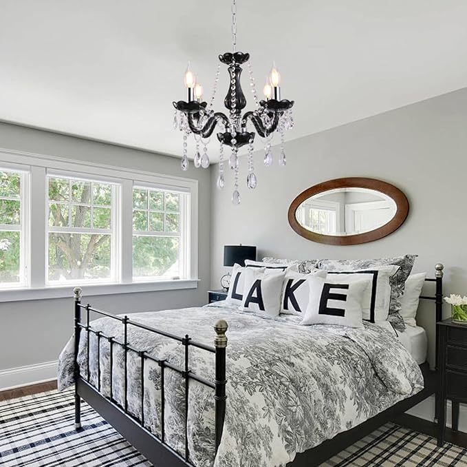 MALOSA Small Black Crystal Chandeliers,4 Lights Mini Black Glass Chandelier for Living Room,Bedroom,Dining Room,Kitchen Island.