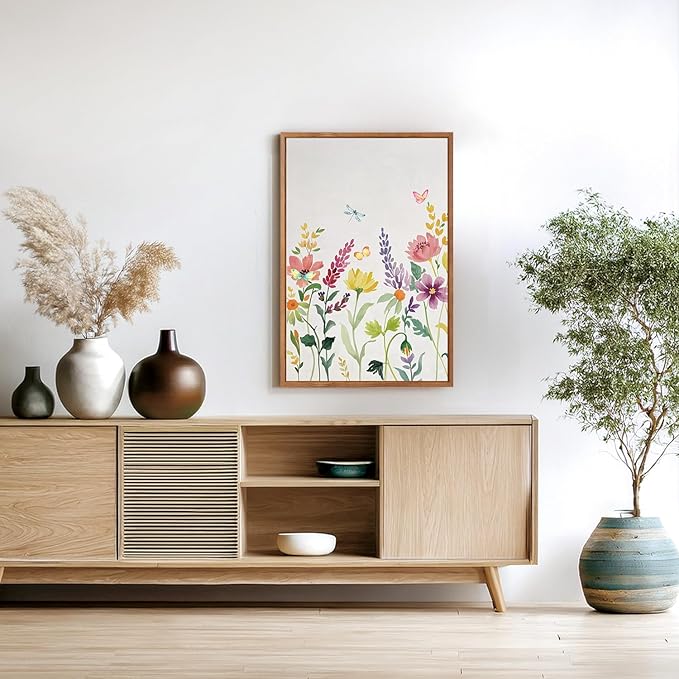 CHDITB Framed Canvas Wall Art Set, Nature Butterfly Flower Wall Decor, Floral Poster,Botanical Artwork Wildflower Painting, Abstract Green and Pink Art Prints for Young Lady Girl Room 16"x24"x3