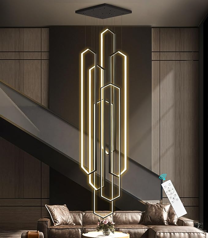 6 Rings Black Modern Large Chandelier Dimmable LED High Ceiling Chandelier for Living Room Foyer Hanging Modern Ceiling Light