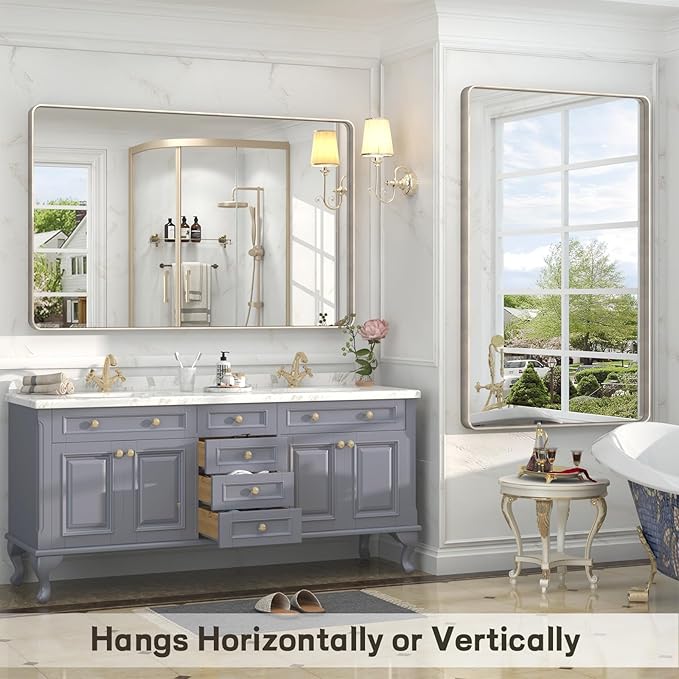 60x36 Inch Brushed Nickel Bathroom Mirror, Large Brushed Silver Metal Framed Wall Mirror, Rounded Corner Rectangle Modern Vanity Mirror, Tempered Glass, Anti-Rust, Shatterproof (Horizontal/Vertical)