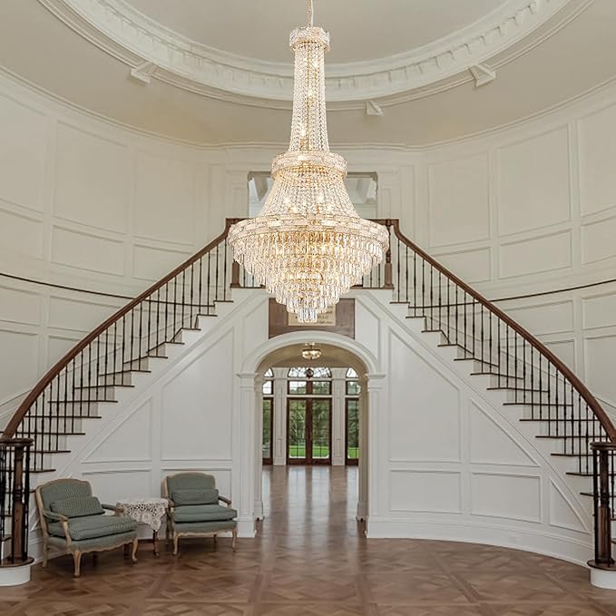 25-Light Gold Crystal Chandelier, 3-Layer High Ceiling Hanging Chandeliers Modern Large Chandeliers Light Fixture for High Ceilings,Entryway,Foyer,Staircase,Hallway,Living Room(H60 x D31)
