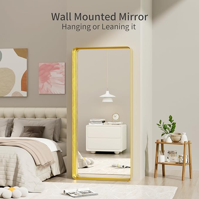 Koonmi Gold Bathroom Mirror for Wall, 30x71 Inch Matte Metal Deep Framed Rounded Corner Wall Mirror, Shatterproof Tempered Glass for Farmhouse Bedroom Entryway, Vertically or Horizontally