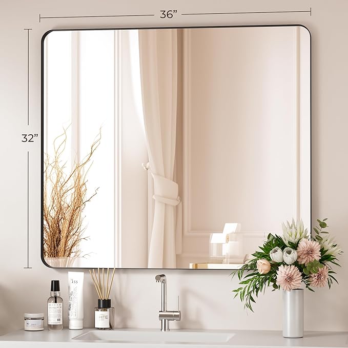 Black Bathroom Mirror 32X36 Inch Bathroom Vanity Mirror for Wall, Metal Frame Large Mirror, Tempered Glass, Modern Wall Mirror for Bathroom, Farmhouse, Horizontally or Vertically Hanging