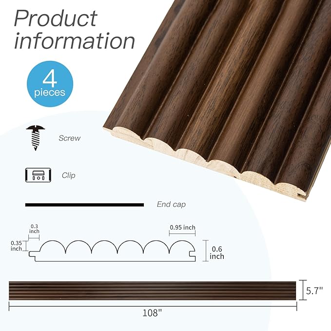 Art3d Fluted Wood Panel for Wall and Ceiling, Beaded Accent molding for Home Decoration, Pack of 4pcs + 1pc End-Trim, Size 108 x 5.7in.- Beaded Walnut