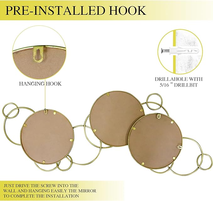 Wall Mirror Decorative, Large Decorative Mirrors for Wall Decor, Round Gold Mirror Wall Art, Wall Mirrors for Living Room, Entryway, Bedroom, Dining Room Kitchen 45''x25.5''