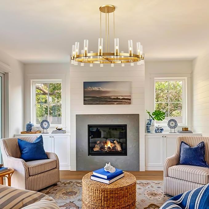 Modern 48" Gold Wagon Wheel Chandelier, Brass Round Chandeliers for Dining Room,16-Light Farmhouse Living Room Chandelier with Glass Tube for Bedroom,Staircase, Foyer, Entryway, Includes Bulbs