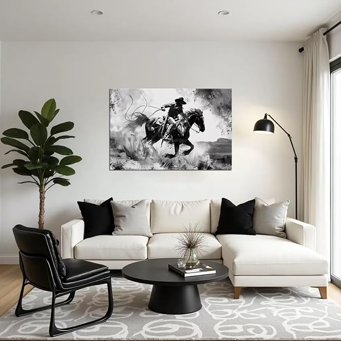 Black and White Western Cowboy Wall Art Pictures Southwestern Poster for Bedroom Living Room Office Home Decortion Prints Framed(12L" x 16W")