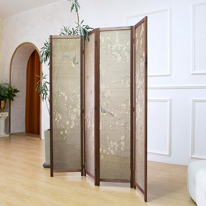 4 Panel Room Divider Screen and Folding Panel Screen,Double Sided Bamboo Divider for Room Separation,White Plum and Birds,67" H x 63" W,67" H x 63" W
