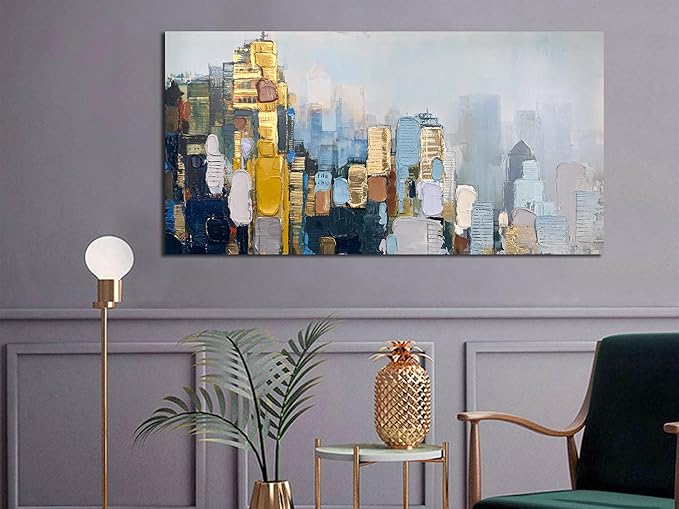 Arjun Neutral Wall Art Painting Oversize Abstract Art Wall Decor Canvas, Textured Skyline for Living Room Gold Painting Modern Artwork for Men Bedroom Cityscape Home Office Wall Decor, 58"x 29"