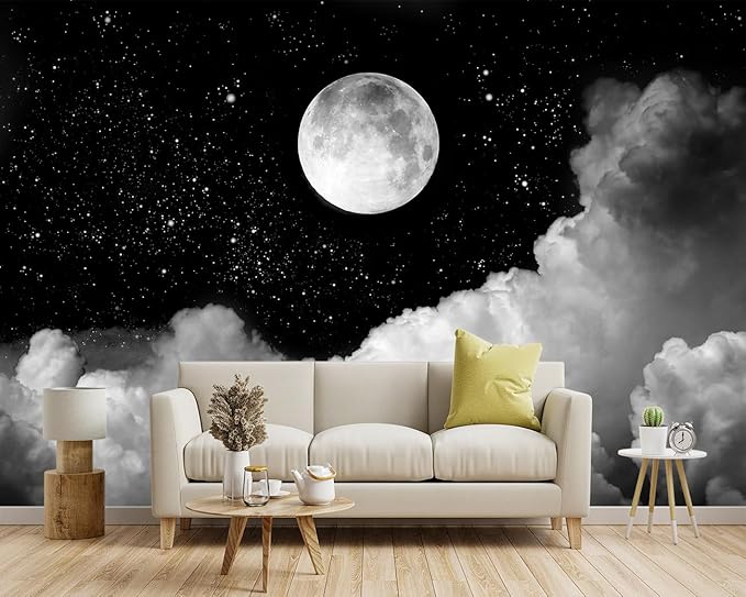 -Gray Galaxy Universe Moon Fabric Wallpaper Ceiling Starry Night White Clouds Living Room Bedroom Bathroom Boys and Girls Children's Room Large Mural- 91"x65"（ not Peel and Stick）