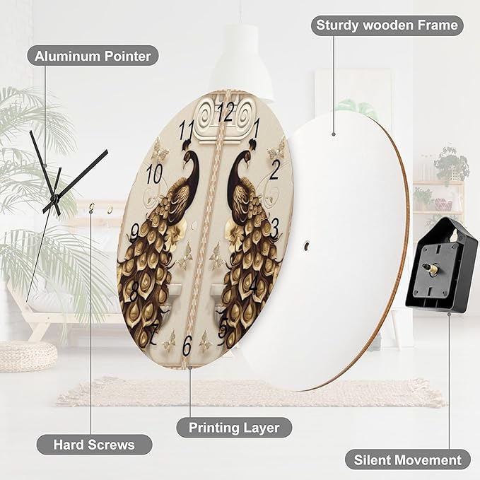 Classic and Retro Peacock Round Wall Clock, Asian Luxurious Art Peacock Feather Watercolor Peacock Feather Animal Retro Grey Modern Room Wooden Silent Wall Clock 12x12INCH