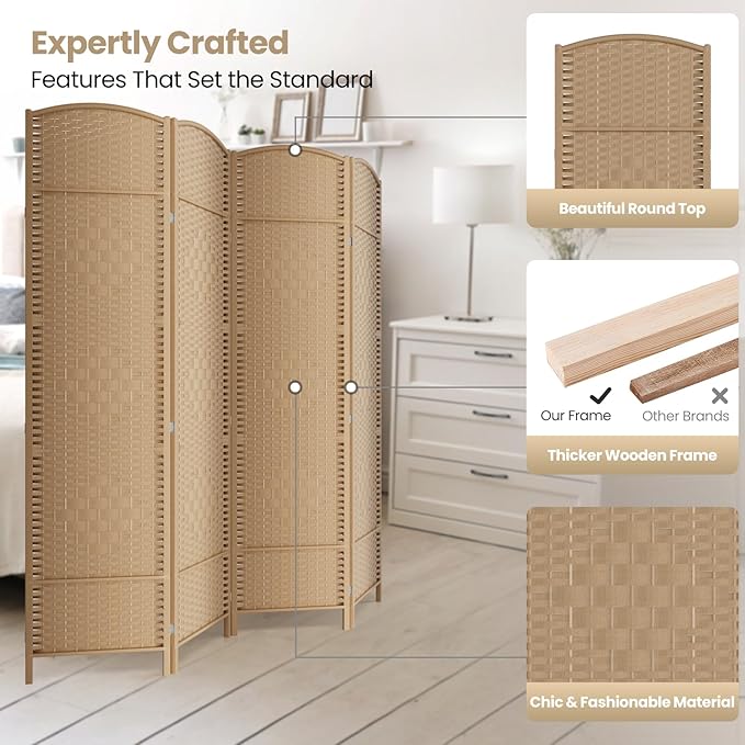 6 ft. Tall Room Divider and Folding Privacy Screen, Weave Fiber Foldable Panel Wall Divider with Diamond Pattern Weaved & 4 Panel Room Screen Divider Separator, Freestanding Room Divider
