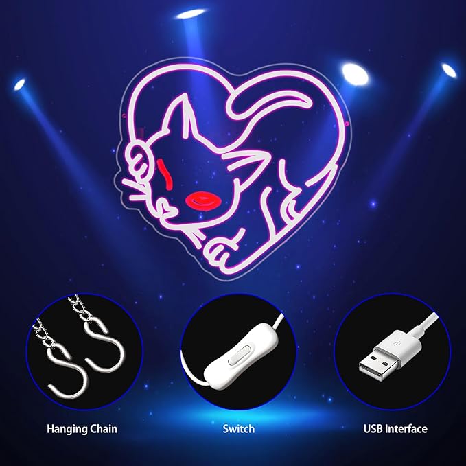 Cat Neon Sign, Neon Signs for Wall Decor Neon Pink LED Signs Room Neon Light Up Signs Home Decor for Bedroom Club Party Bar Shop USB Operated