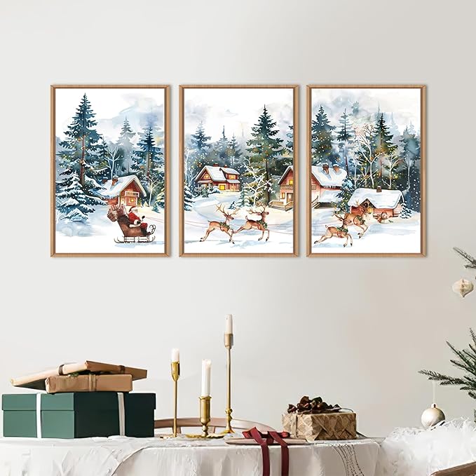 Christmas Santa Sleigh Deer Framed Canvas Wall Art Set, Reindeer Design Decor, Winter Snow Forest Tree Wall Painting, Christmas Art Print for Living Room, Bedroom, Office 16"x24"x3