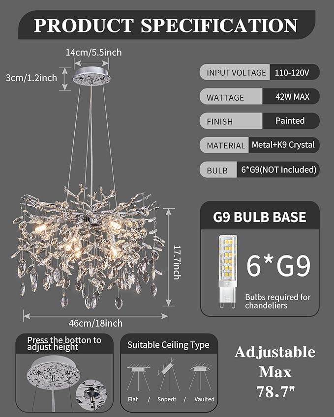 Modern Tree Branch Crystal Chandelier Luxury Silver Crystal Pendant Lighting 18" Contemporary 6-Light Chandeliers for Dining Room Kitchen Bedroom Living Room