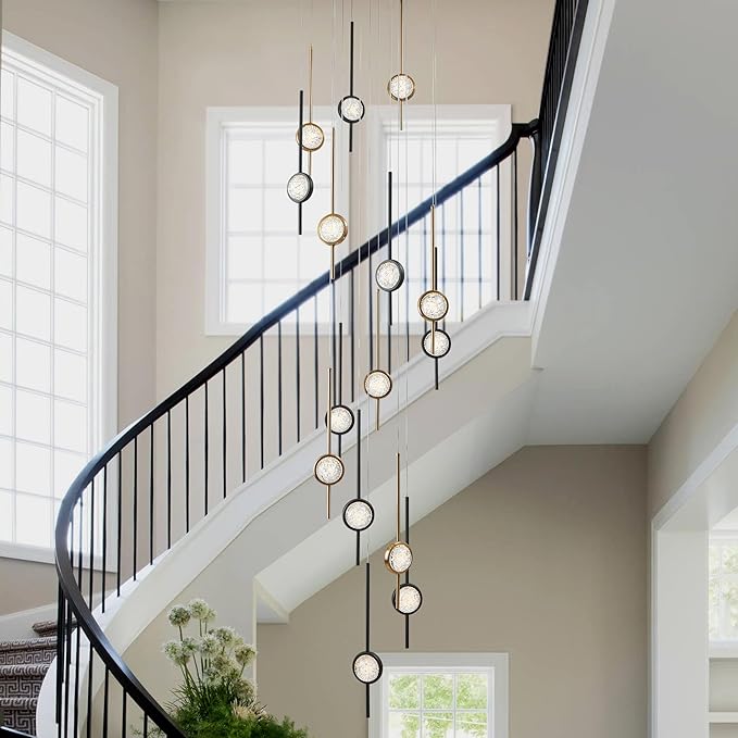 Modern Crystal 15-Light Chandelier, Black and Gold Special Exclusive Bubble Raindrop Chandelier for Spiral Staircase, Foyer, Entryway,High Ceiling (45W)
