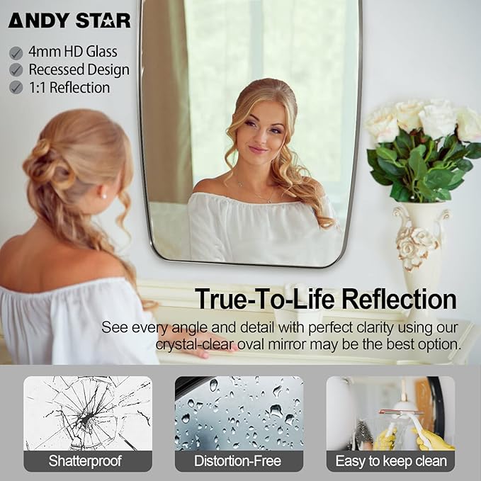ANDY STAR Brushed Nickel Bathroom Mirror, 24x40” Oblong Mirror with Stainless Steel Metal Frame, Silver Oval Vanity Mirror for Over Sink, Modern Anti Rust Wall Mounted