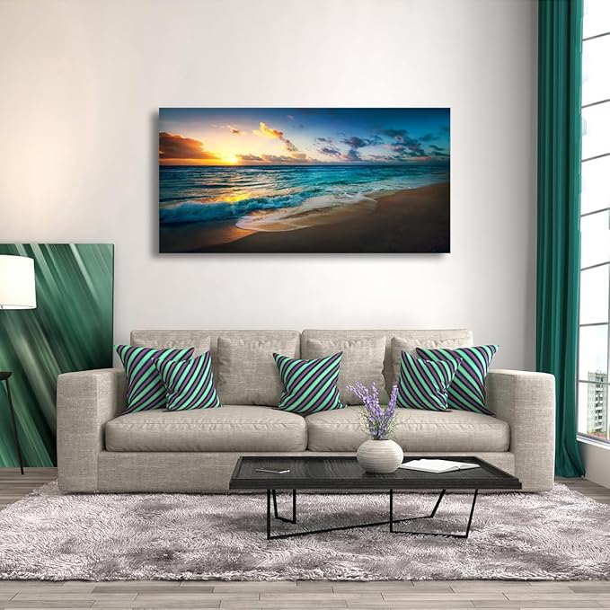 Beach Pictures Wall Art Canvas Prints Seascape Themed Decor for Home Sea Ocean Sunset Paintings for Living Room Bathroom Wall Decorations Natural Landscape Artwork Wooden Picture Frames 24x48 inches