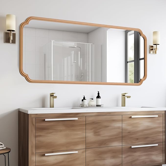 Natural Wood Framed Bathroom Mirror for Wall, 60X24 Inch Wood Bathroom Vanity Mirror Farmhouse, Large Rounded Rectangle Mirror, Tempered Glass, Hangs Horizontally or Vertically