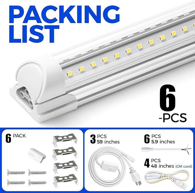 Barrina 8FT LED Shop Lights Fixture, T8 72W 10000lm 5000K, Daylight White, Clear Cover, V Shape,Tube Light, Hight Output, Bulbs for Garage, Warehouse, Plug and Play, 6 Packs