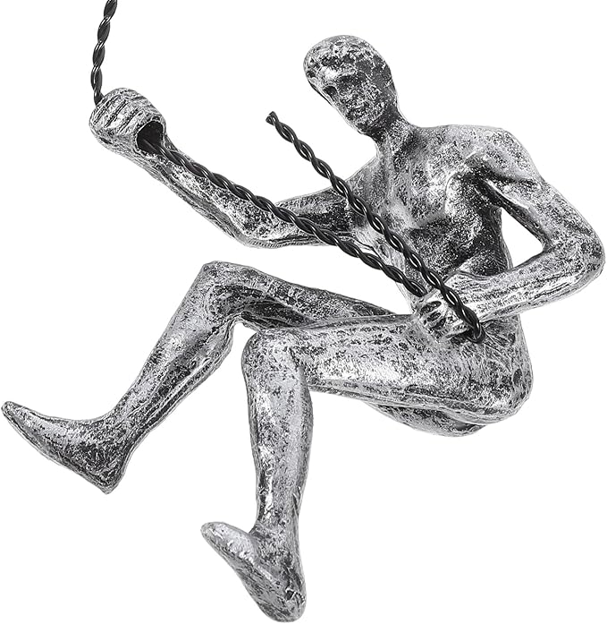 OSOLADY Vintage Resin Man Figurine Wall Sculpture Industrial Style Climbing Man Wall Hanging Decor for Living Bar Tv Background Artistic in Silver Right Hand