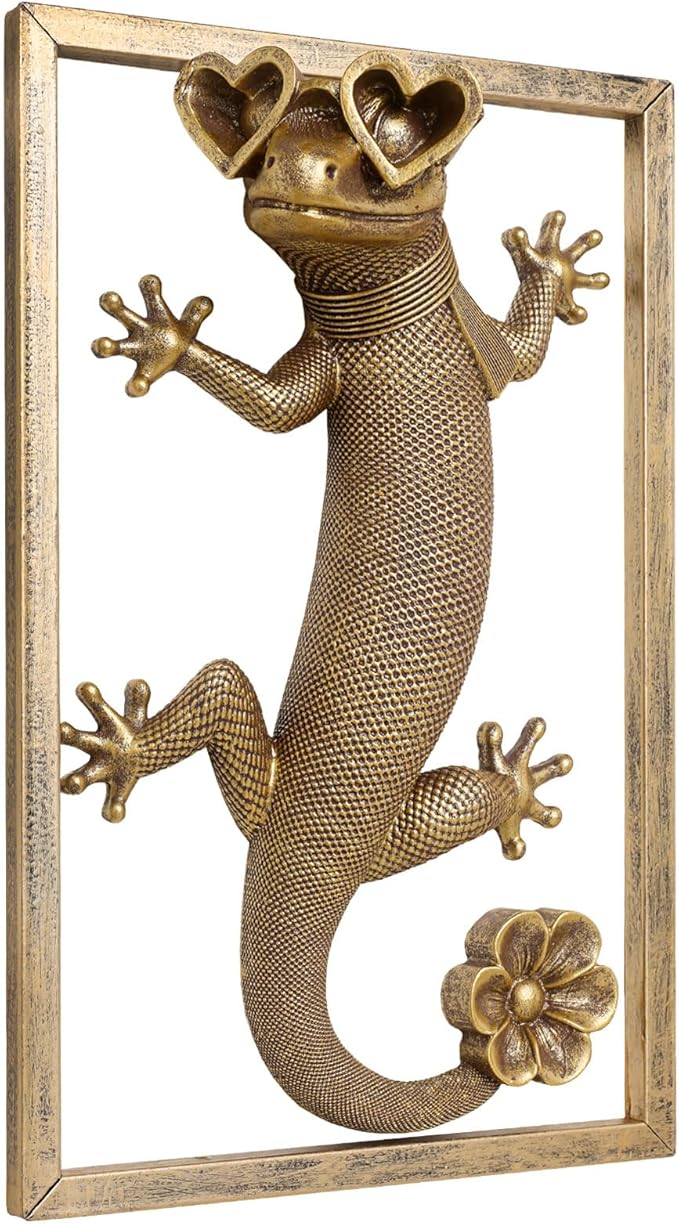 Newinhome Animal Heads Wall Decor (Includes Metal Frame) Resin Animals Sculptures Head Wall Hanging Decoration Gold vintage Wall Sculpture for Living Room Bedroom Office(Lizard)