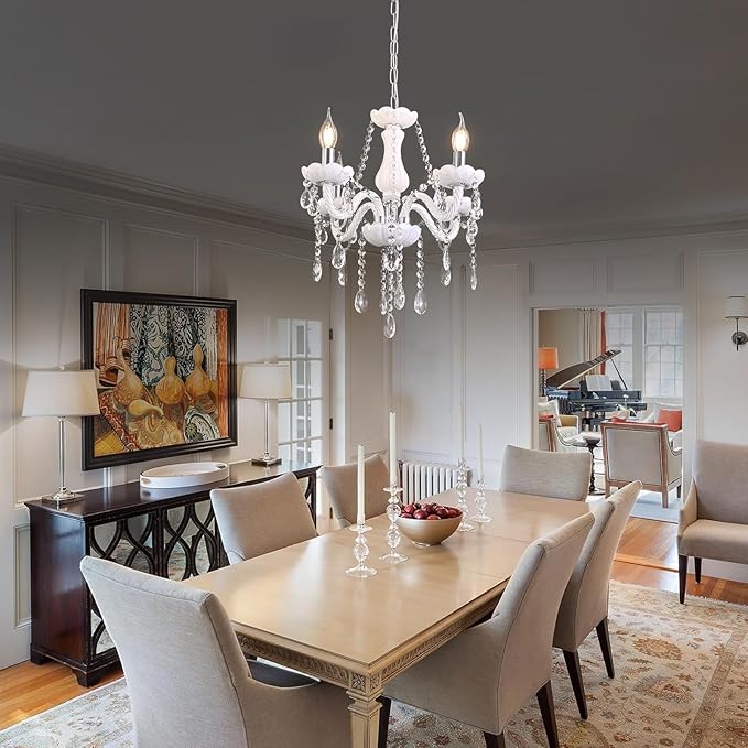 MALOSA 4 Light White Crystal Chandelier,Small Chandelier,Morden Mini Chandelier for Bedroom,Dining Room,Wedding Decoration,Girls Room.