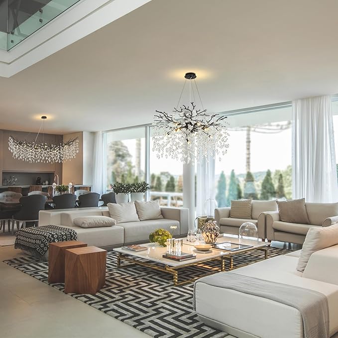 Modern Farmhouse Chandeliers for Dining Room, 24" Black Crystal Chandelier Round Tree Branch Chandelier 8-Light Dining Room Light Fixture Adjustable Antique Vintage Chandelier for Living Room