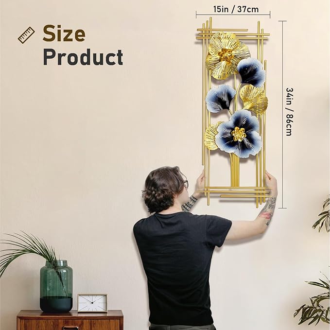 Metal 3D Wall Art Decor 2 Pcs 34" x 15" Wall Decor Handmade Golden Ginkgo Leaf Blue Flower Hanging Home Decor Wall Sculpture Modern for Living Room, Bedroom, Dining Room, Office and Hotel Large