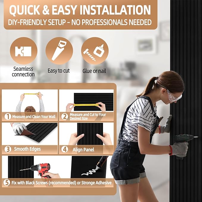 Acoustic Wood Slat Wall Panels - Ebony Soundproof Paneling for Interior Wall Decor, Modern Design, 94" x 12", 4-Pack