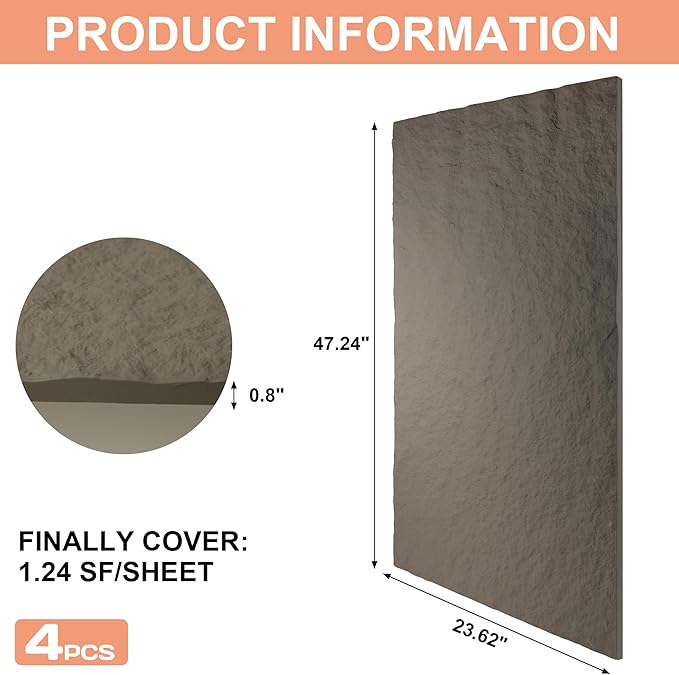 KASARO PU 3D Faux Stone Wall Panels, 4 PCS Wainscoting Panel for Interior Wall Decor, Cement Texture Accent for Home, Office, 47.2×23.6inch, Cement Grey