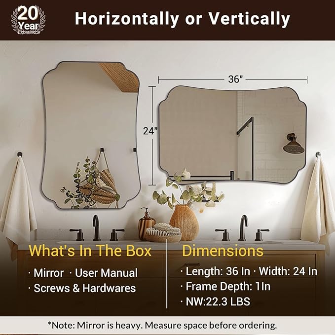 ANDY STAR Chrome Bathroom Mirror 24x36 Inches, Modern Scalloped Edge Wall Mirror with Stainless Steel Frame for Hallway, Lounge and Vanity Area