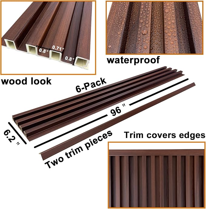 6-Pack Slat Wall Panel with 2 Trims Wood Grain Slat Wall 96" x 6.2" WPC Slats 3D Wall Panels Walnut Grille