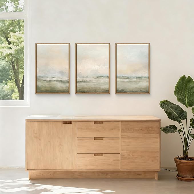 Abstract Beige Green Landscape Framed Canvas Wall Art Set, Watercolor Natural Tan Wall Decor, Minimalist Neutral Modern Scenery Artwork for Living Room, Bedroom,Farmhouse- 24"x36"x3
