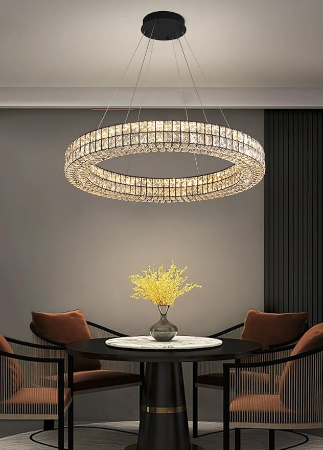 Modern 32 inch Black Led Ring Chandelier Dimmable Crystal Chandelier for Living Room Dining Room Adjustable Ring Pendant Light