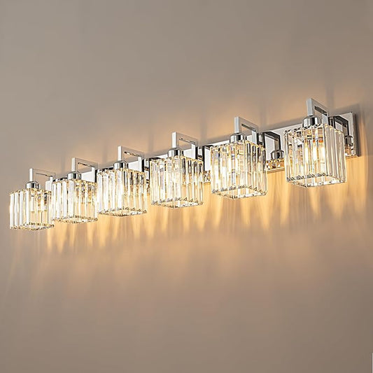 Modern Bathroom Vanity Light 6-Lights Chrome Crystal Wall Lamp Bathroom Modern Crystal Vanity Lighting
