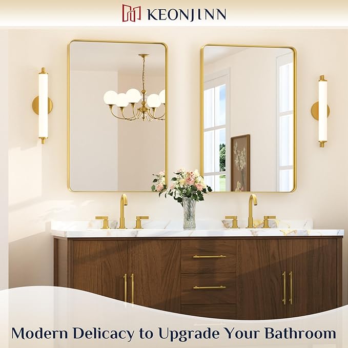 Keonjinn Gold Bathroom Mirrors for Over Sink 24 x 36 Inch Brushed Brass Metal Framed Mirror, Rounded Rectangle Bathroom Vanity Mirror, HD Tempered Glass Modern Mirror for Wall(Horizontal/Vertical)