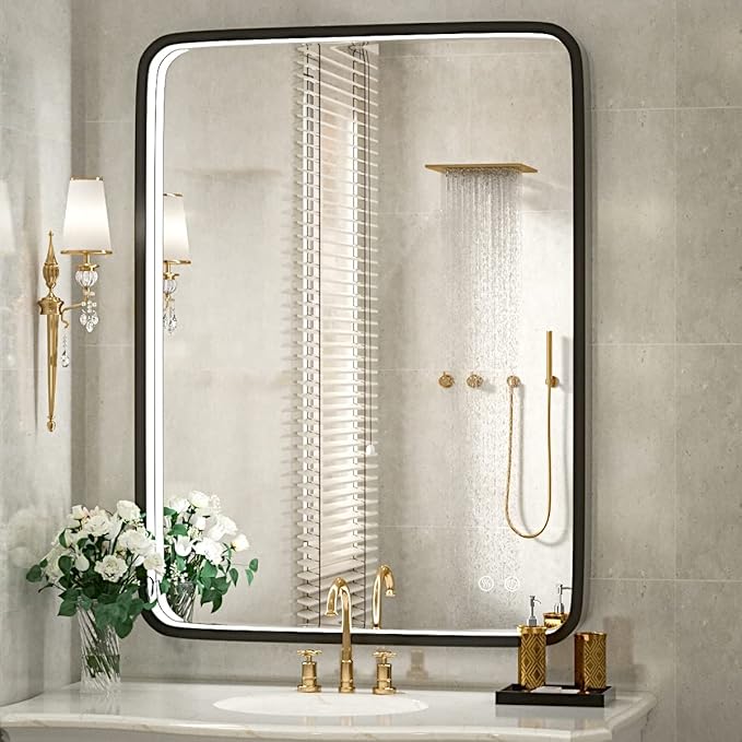 36x28 Inch LED Bathroom Mirror with Light,Black Metal Frame Lighted Vanity Mirror, Anti Fog Design&Dimmable&Touch Switch,Large Wall Mounted Makeup Mirror (Horizontal/Vertical)