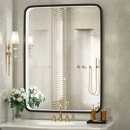 36x28 Inch LED Bathroom Mirror with Light,Black Metal Frame Lighted Vanity Mirror, Anti Fog Design&Dimmable&Touch Switch,Large Wall Mounted Makeup Mirror (Horizontal/Vertical)