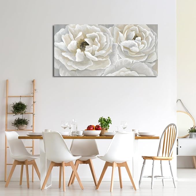 arteWOODS Cream White Flowers Wall Art - Soft Peony Pictures for Wall Decor Elegant Blossom Flower Painting Artwork Botanical Prints for Living Room Home Office Wall Decoration 20" x 40"