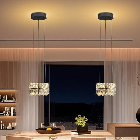 Led Ring Crystal Chandelier, Modern Dimmable Chandeliers Lighting and Hanging Adjustable 7.8'' Black LED Round Ceiling Light Fixtures for Dining Room Living Room