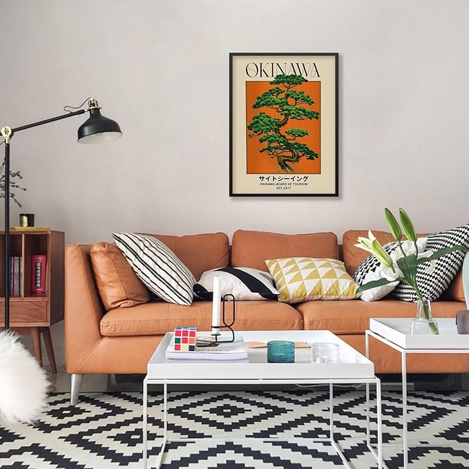 Japanese Canvas Wall Art Orange Okinawa Prints Retro Japanese Bonsai Tree Picture Modern Ukiyo-e Decor Poster for Asian Living Room Bedroom Dorm Bathroom 24x36 inch Black Framed