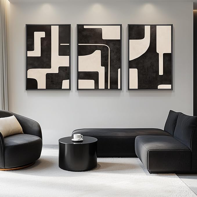 Large Framed Neutral Abstract Wall Art for Living Room, 3 Piece Black Beige Canvas Prints Paintings Artwork for Walls, Modern Minimalist Abstract Pictures for Hallway Office Wall Decor 24x36 In