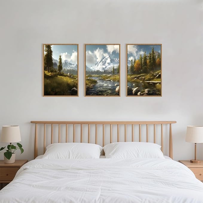 Large Watercolor Snow Mountain Framed Canvas Wall Art,Modern River Grassland Wall Decor,Natural Green Forest Artwork,Neutral Wood Landscape Art Print for Living Room,Bedroom,Office- 16"x24"x3