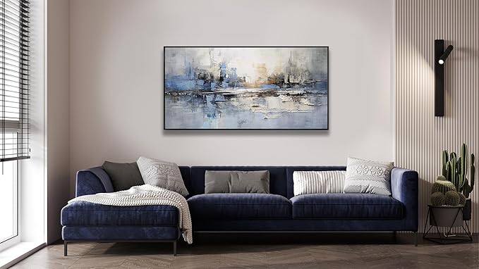 Abstract Wall Art Blue and White Reflection Large Size Framed Artwork Wall Decor Canvas Painting Stretched Canvas Wooden for Living Room Bedroom Office Home Decor Frame ready for hanging 31"x70"